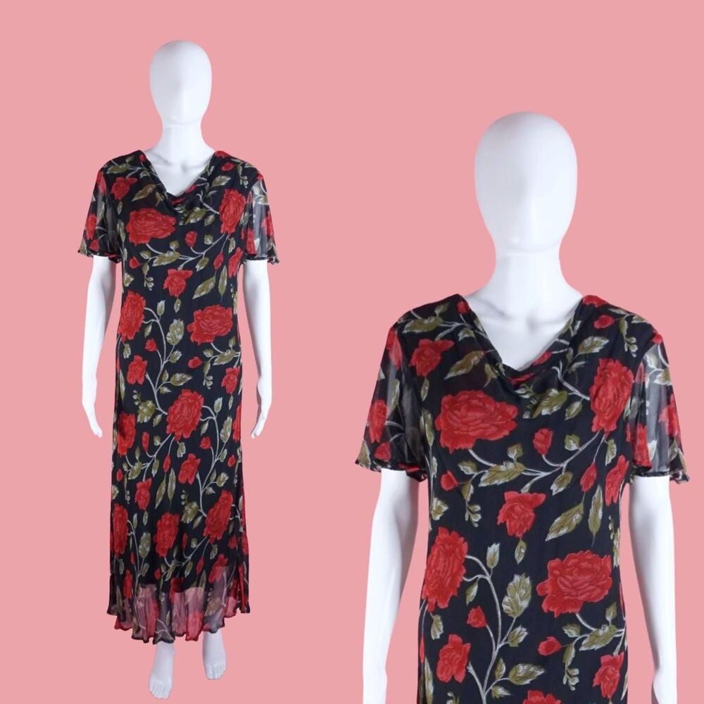1990s-Y2K BEDFORD FAIR ROSE Printed Flutter Sleeves Black Dress. L-XL